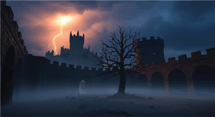 Mysterious castle under a dramatic stormy sky with lightning illuminating the ancient towers.