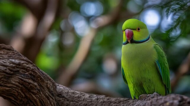 Vibrant green parakeet with striking eye detail and neck ring perched on a textured tree limb in a blurred forest setting.