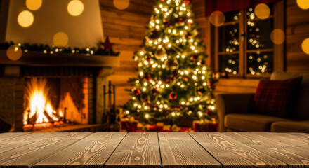 Cozy christmas eve scene with a glowing fireplace decorated tree and wooden table in foreground