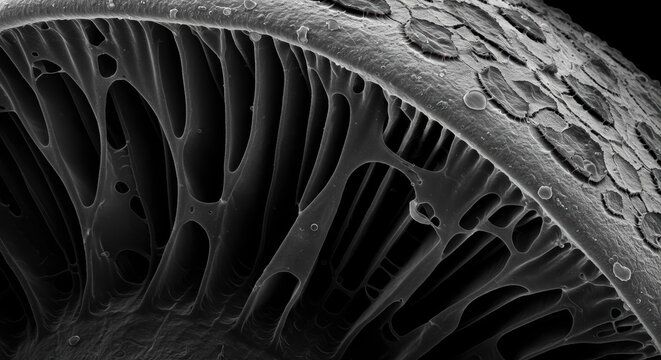 The hyper-detailed deliquescence of a Coprinopsis fungi cap, a high-magnification SEM portrait.

