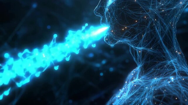 A blue and white of a person with a face. Futuristic double exposure of gut glowing particles and brain neuron silhouette, enteric nervous system conceptual sci-tech dark blue