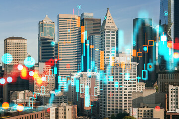 City skyline with a hologram overlay of digital symbols, Colorful and futuristic design, on a clear day background, Digital transformation concept. Double exposure