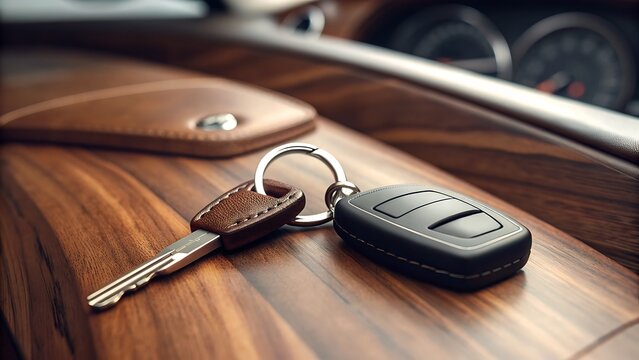 Car key ring on wooden dashboard with visible leather accent. Suitable for automotive, transportation, car rental, or car accessory concepts.