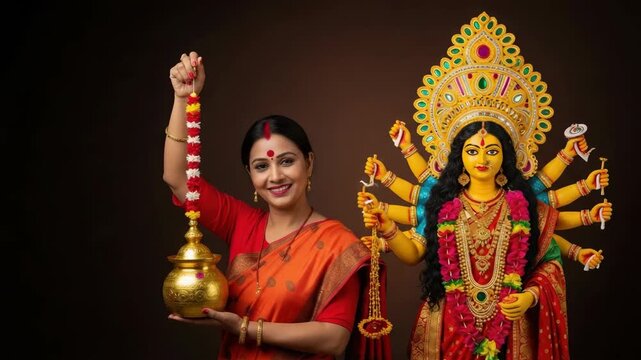 Smiling woman celebrating Durga Puja holding purna kumbha. The purna kumbha ritual and joyful spirit highlights this Durga Puja festival.