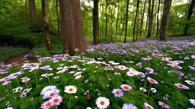 A carpet of blooming daisies covers the forest floor, filling the peaceful woodland with vibrant pink, white, and purple flowers. Sunlight filters through tall, leafy trees, highlighting the fresh bea