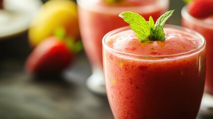 Refreshing strawberry mint smoothie served in a glass on a dark surface
