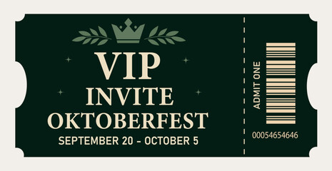  Vector horizontal VIP ticket admit one for Oktoberfest with barcode. Ideal for tickets, posters, flyers, invitations, event decoration, festivals, fairs, pubs