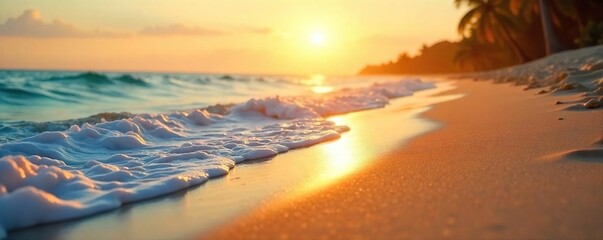 Golden hour sunlight warms smooth beach sand, gentle waves lapping the shore Perfect summer escape; serenity and relaxation Ideal for travel, vacation, and summer themes , ocean, hot