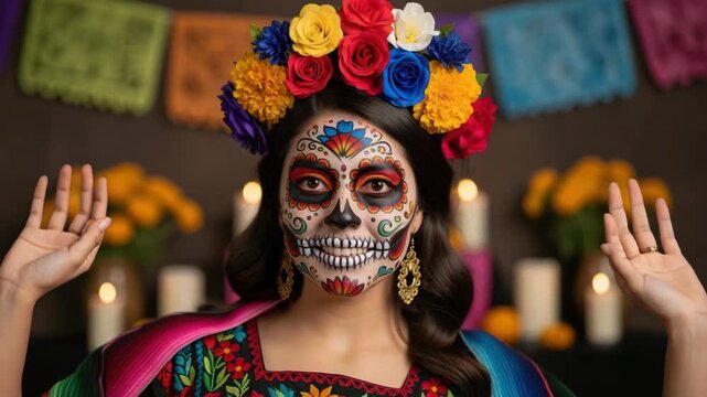 Beautiful face paint for Day of the Dead celebration, person displays colorful makeup art. Face paint, sugar skull motif,