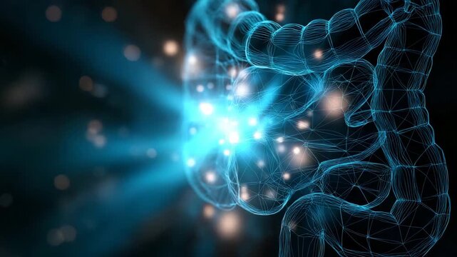 A blue and white of a human digestive system.  Futuristic glowing gut area with neural network particle connections, enteric nervous system dark background blue teal sci-tech