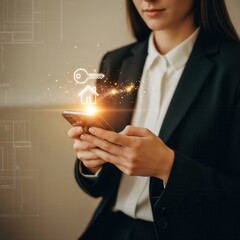 Real estate technology concept with woman using smartphone app.