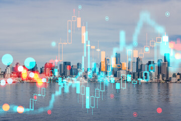 Cityscape with futuristic digital holographic overlays, photo manipulation concept. Double exposure