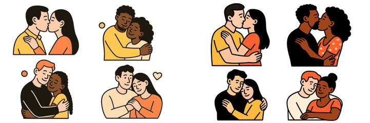 Set of diverse couples in love showing affection, hugging and kissing in a modern flat style isolated on white