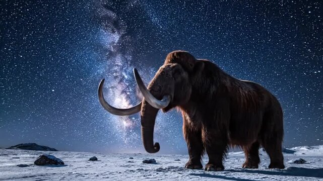 woolly mammoth under milky way starry night arctic landscape