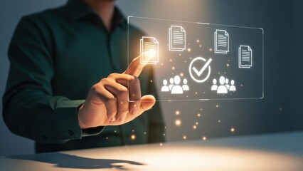 Businessman touching glowing hologram of resume icons with checkmark, futuristic applicant tracking and resume automation