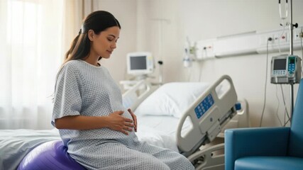 Expectant mother sits thoughtfully on fitness ball in hospital, gently caressing her pregnant belly. This pregnant patient prepares for labor in serene anticipation, embracing motherhood. - Powered by Adobe