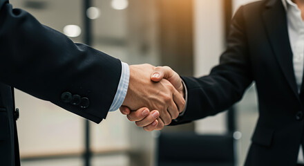 Close-up of diverse business professionals shaking hands in modern office with warm lighting, symbolizing partnership, agreement, and successful deal; corporate collaboration concept