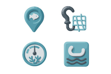 Collection of modern line icons for fishing and marine recreation including a location pin, fish, hook, net, depth gauge, and snorkeling symbol
