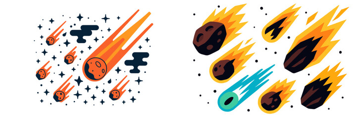 Set of colorful cartoon meteors and comets falling through space with stars and fire trails in a flat design style © Mark