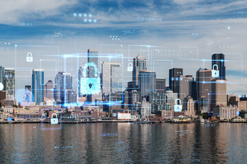 Seattle cityscape with futuristic digital hologram overlays illustrating technology and security concepts, over water and urban skyline background. Double exposure