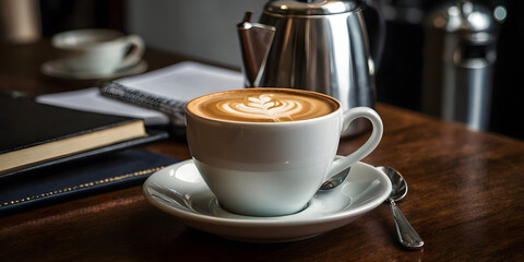 cup of coffee on wooden table