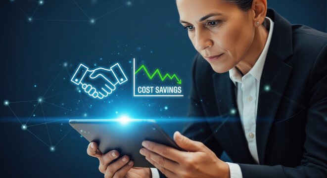 Businesswoman analyzing cost savings on tablet with virtual interface - Powered by Adobe