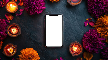 The Indian festival of lights Diwali symbolizes the victory of light over darkness. Theelphone mockup, top view. A mobile phone is lying on the table next to lighted candles and colorful flowers
