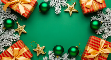Festive christmas wreath arrangement of gifts ornaments and pine branches on green background