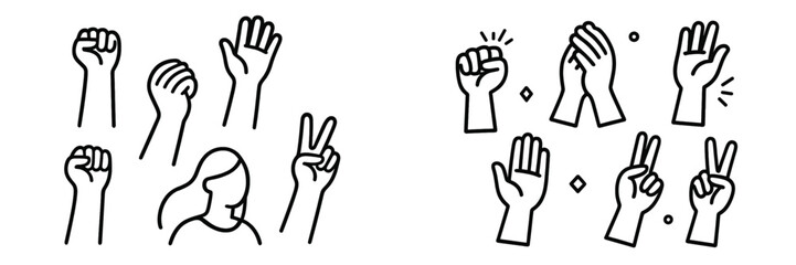 Diverse set of human hand gestures depicting various emotions and actions like protest, peace, victory, and open communication