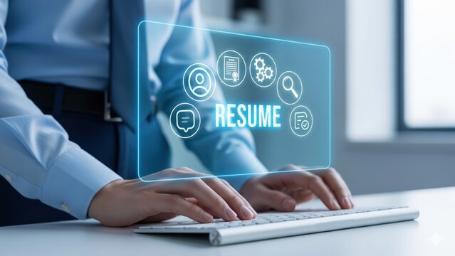 Businessman typing keyboard with holographic resume icons floating above desk, modern office scene showing resume automation and applicant tracking
