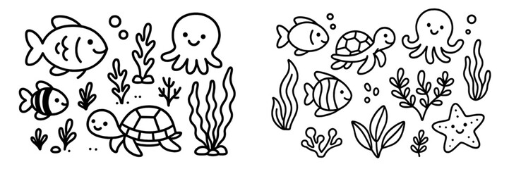 Cute sea animals doodle collection with fish, octopus, and turtle in a simple black and white line art style for coloring © Mark