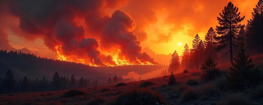 Fierce wildfire raging through a dry forest, consuming trees and underbrush, creating a devastating inferno  Smoke billows into the sky, leaving a trail of destruction ,  acrid smoke,  countryside