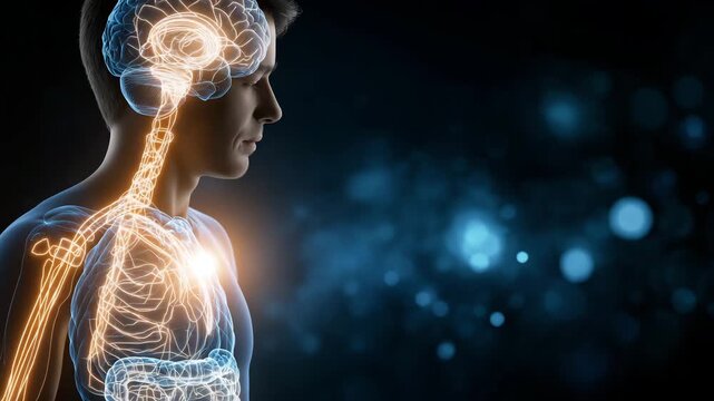 A man with a brain on his chest. blue and has a red spot. Silhouette human with gut glowing microbiome bacteria and brain overlay glowing particles, gut brain axis dark sci-tech background