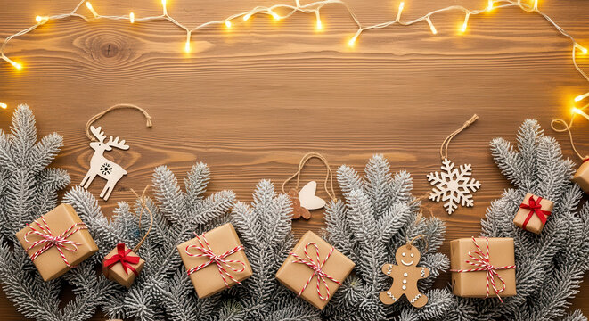 Festive christmas garland with glowing lights and decorated pine branches on a wooden background