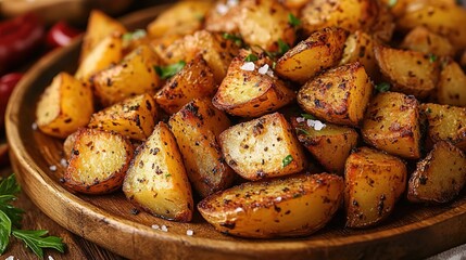 Roasted Baby Potatoes Seasoned with Herbs and Salt on Wooden Plate 