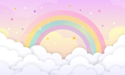 Unicorn themed pastel pink rainbow with kawaii holographic space or galaxy background blending fantasy gradient color of mermaid sky, cloud, star, magical sparkle, glitter bokeh and iridescent light.
