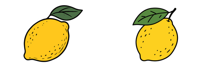 Two fresh yellow lemons with green leaves isolated on a white background in a simple hand-drawn doodle style
