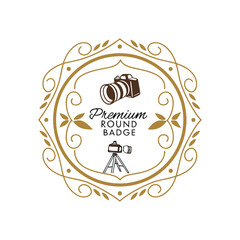 Elegant premium badge logo with vintage camera inside decorative frame, suitable for photography, creative studio, and luxury branding.