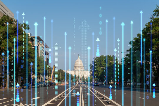 Cityscape of Washington, DC with futuristic hologram overlays symbolizing technology and data. Double exposure - Powered by Adobe