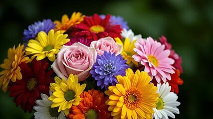 A beautiful close-up of a vibrant and colorful bouquet of mixed flowers with fresh water drops on the petals against a dark background. - Powered by Adobe
