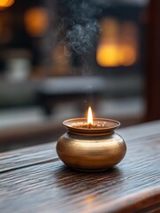 A beautifully crafted brass candle holder with a flickering flame, emitting gentle wisps of smoke, Ideal for wellness, relaxation, or romantic settings, this image captures warmth and tranquility,