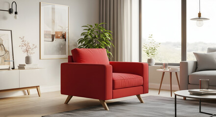 Stylish living room interior with a modern red armchair and natural light ambiance, showcasing