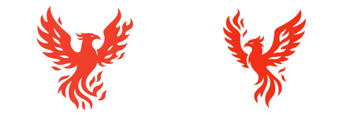 Stylized red phoenix bird icon set with flaming wings, a mythical creature symbol for power and rebirth, isolated on a white background