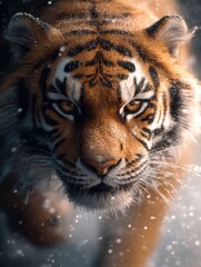 A close-up of a fierce tiger emerging in a snowy landscape, showcasing its striking eyes and fur details, This image is ideal for wildlife documentaries, conservation campaigns