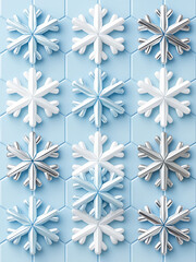 This is a fresh and modern take on classic winter themes. The collection features sophisticated 3D snowflake and geometric patterns in a clean palette of white, blue, and metallic silver, perfect for 
