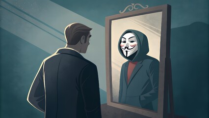 Man in suit sees anonymous mask reflection in mirror