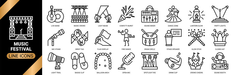 Music festival icon set collection in outline style. an icon pack containing icons of concert stage, live band, sound mixer, party lights, spotlight rig, and more.