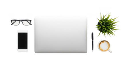 Modern workspace setup with laptop phone glasses coffee and plant overhead view transparent background