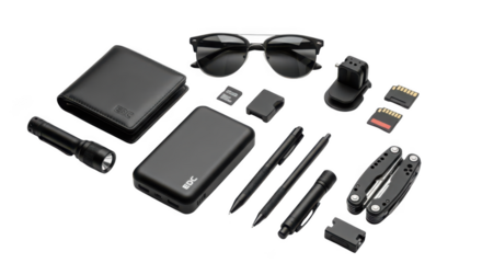 Everyday carry essentials collection featuring wallet flashlight sunglasses pens and tools transparent background