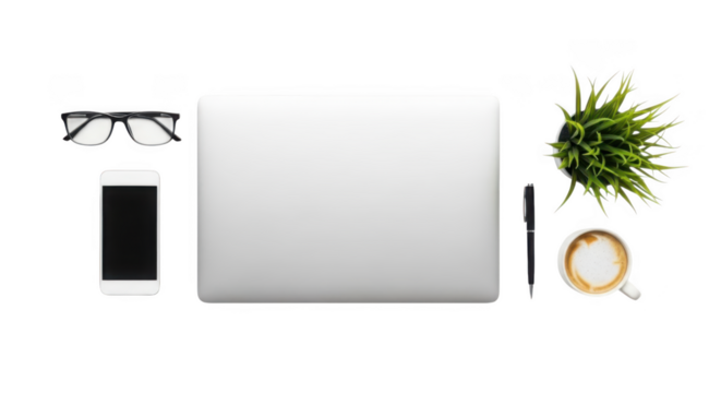 Modern workspace setup with laptop phone glasses coffee and plant overhead view transparent background